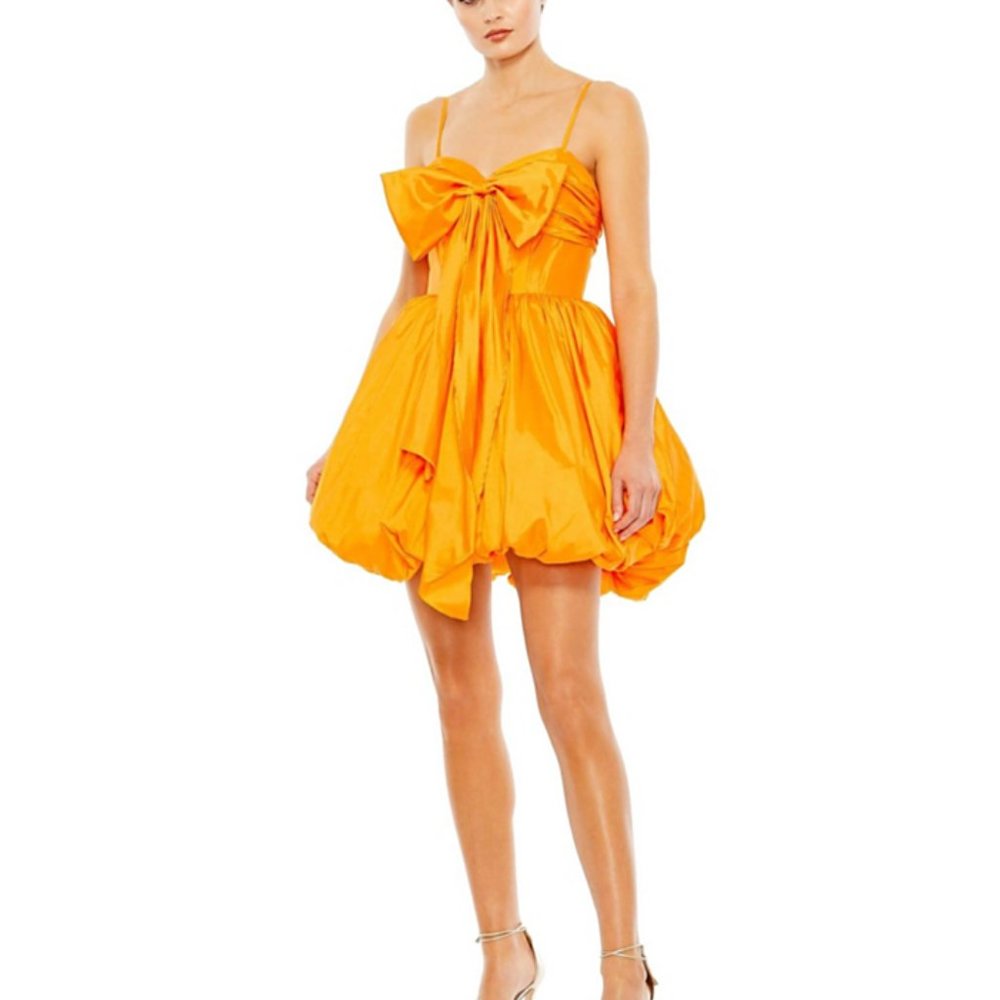 Mac Duggal Taffeta Bubble Mini Dress in Vibrant Orange with Front Bow